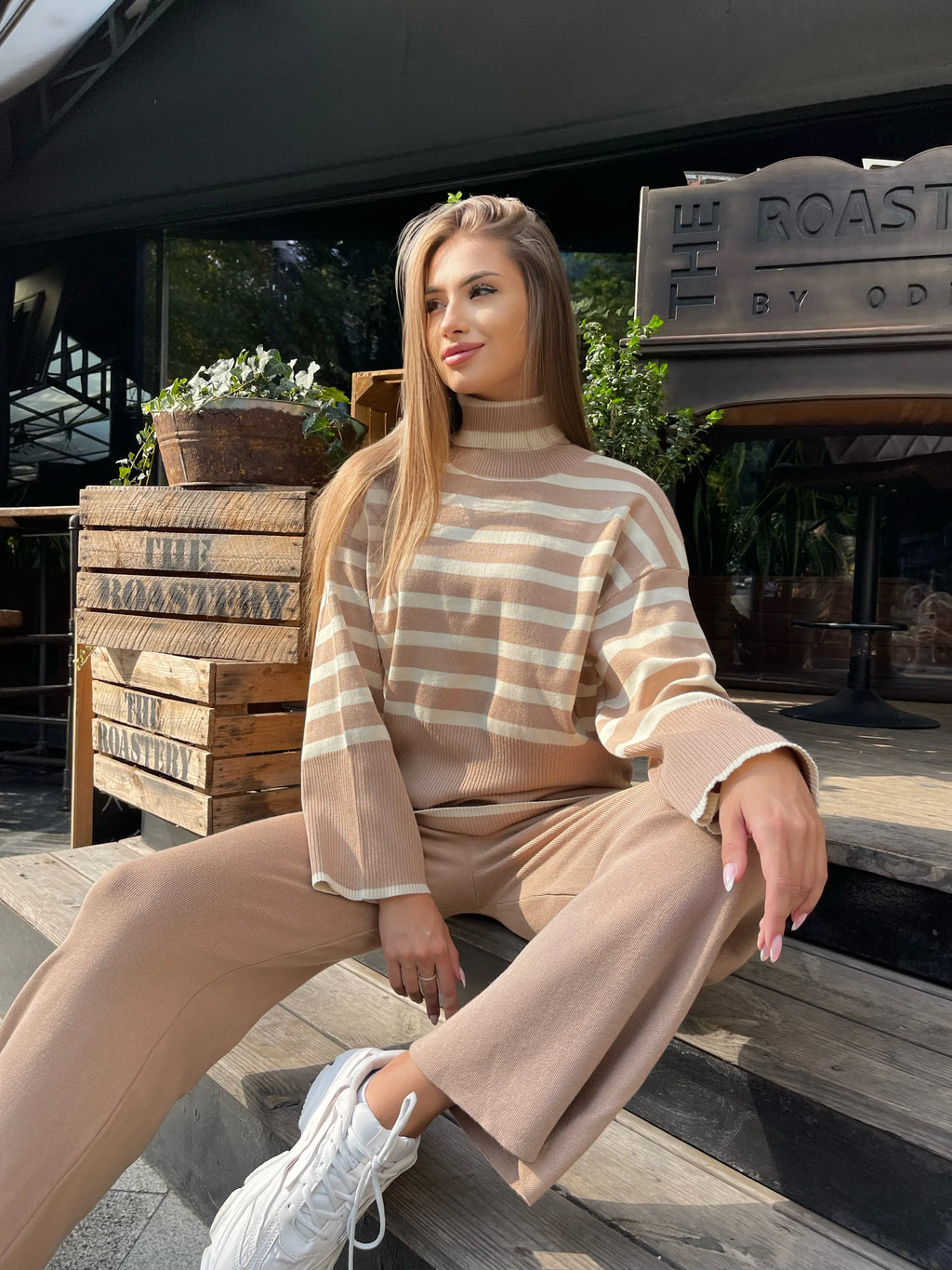 Winter Oversized Stripe Knitted Turtleneck Sweater Set with Casual Long Sleeve Pullover and Elastic Waist Pants