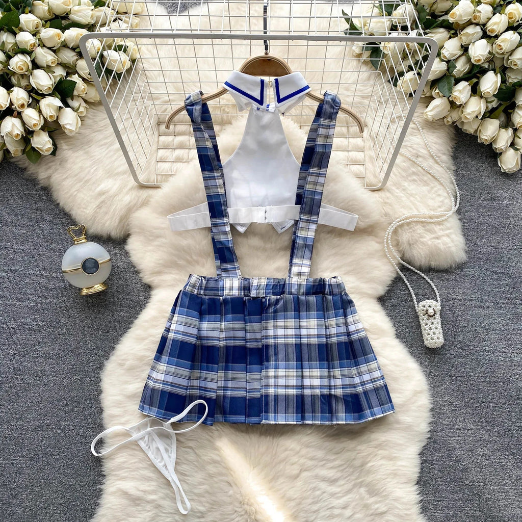 Cute Japanese JK Uniform Checkered Skirt Off Shoulder Dress