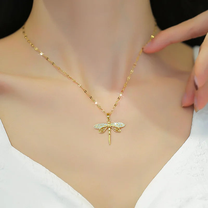 316L Stainless Steel Dragonfly Pendant Necklace for Women Fashion Jewelry Gifts