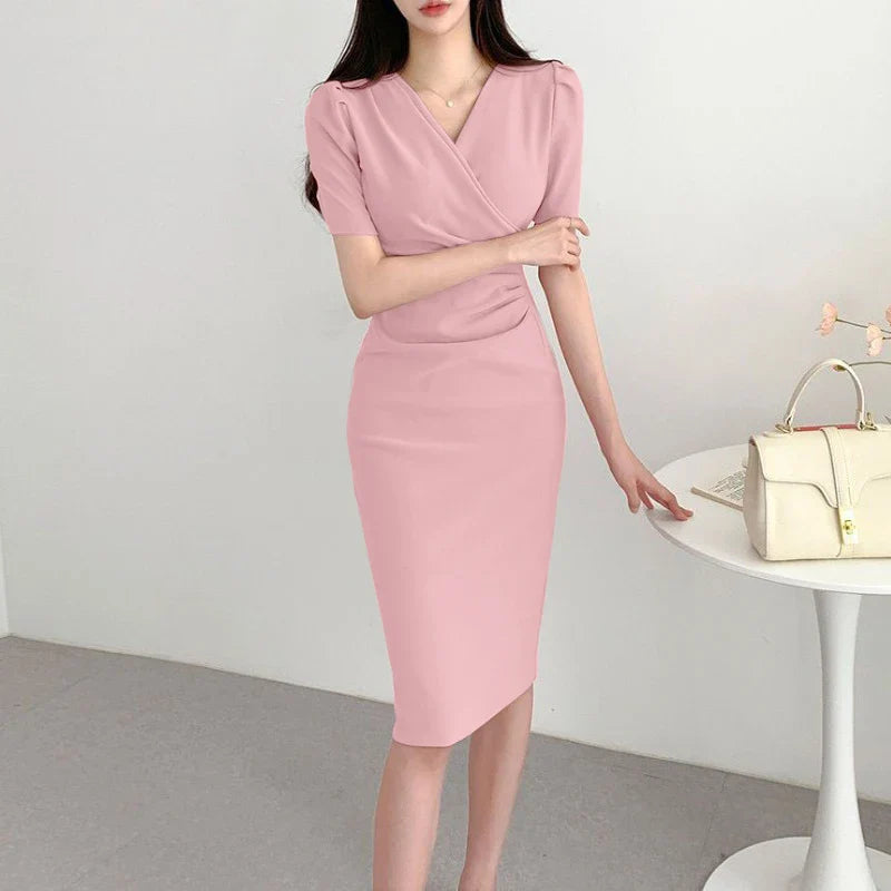 Elegant Women Office Dress V Neck Solid Color Short Sleeve