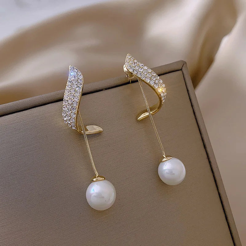 Elegant Imitation Pearl Dangle Earrings with Crystal Long Tassel for Women Wedding Jewelry