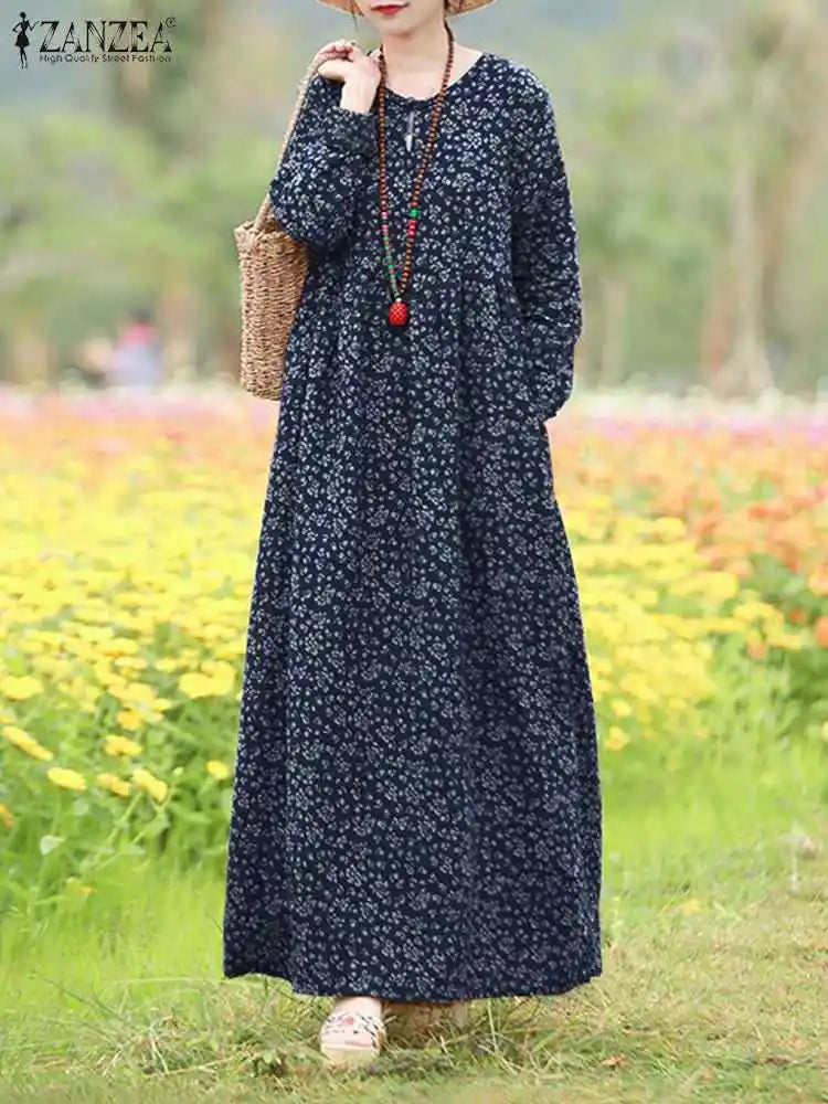 Floral Print Maxi Dress With Long Sleeves O Neck Boho Style