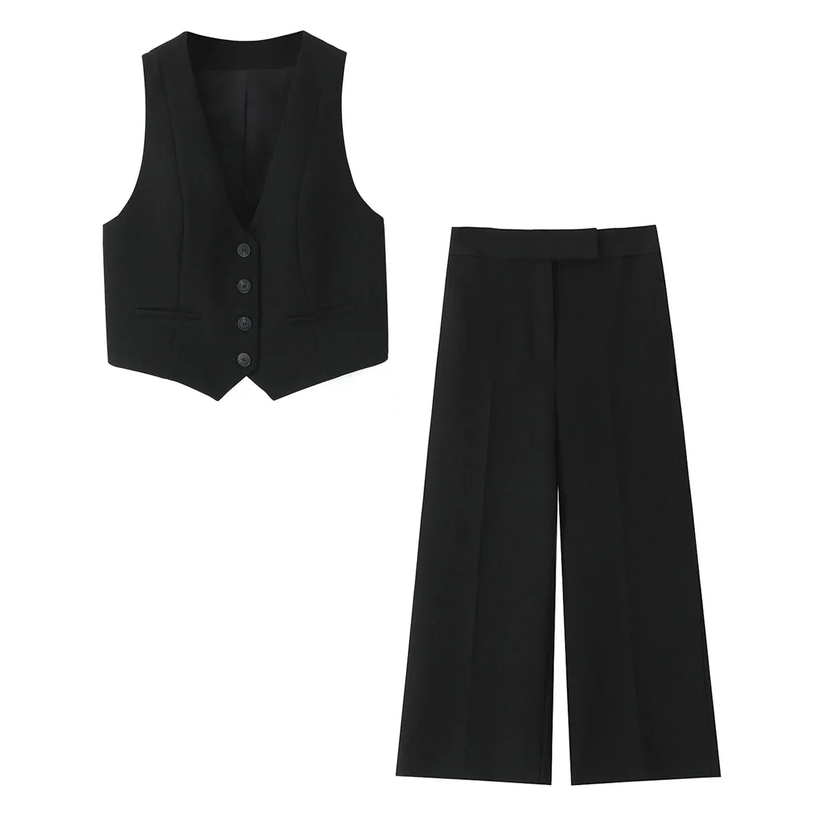 Women Casual Two Piece Set Black V-Neck Tank Top and Wide Leg Pants Stylish Chic Outfit