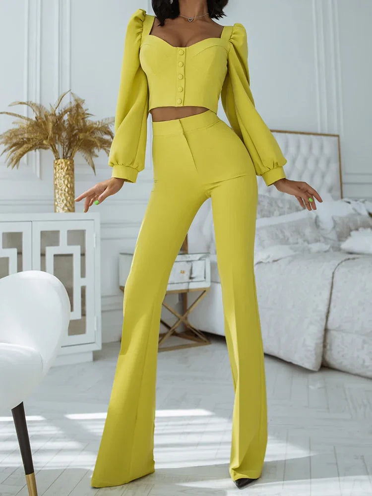 Solid Color Casual Two Piece Set with V-neck Button Lantern Sleeve Top and High Waist Flare Pants for Women