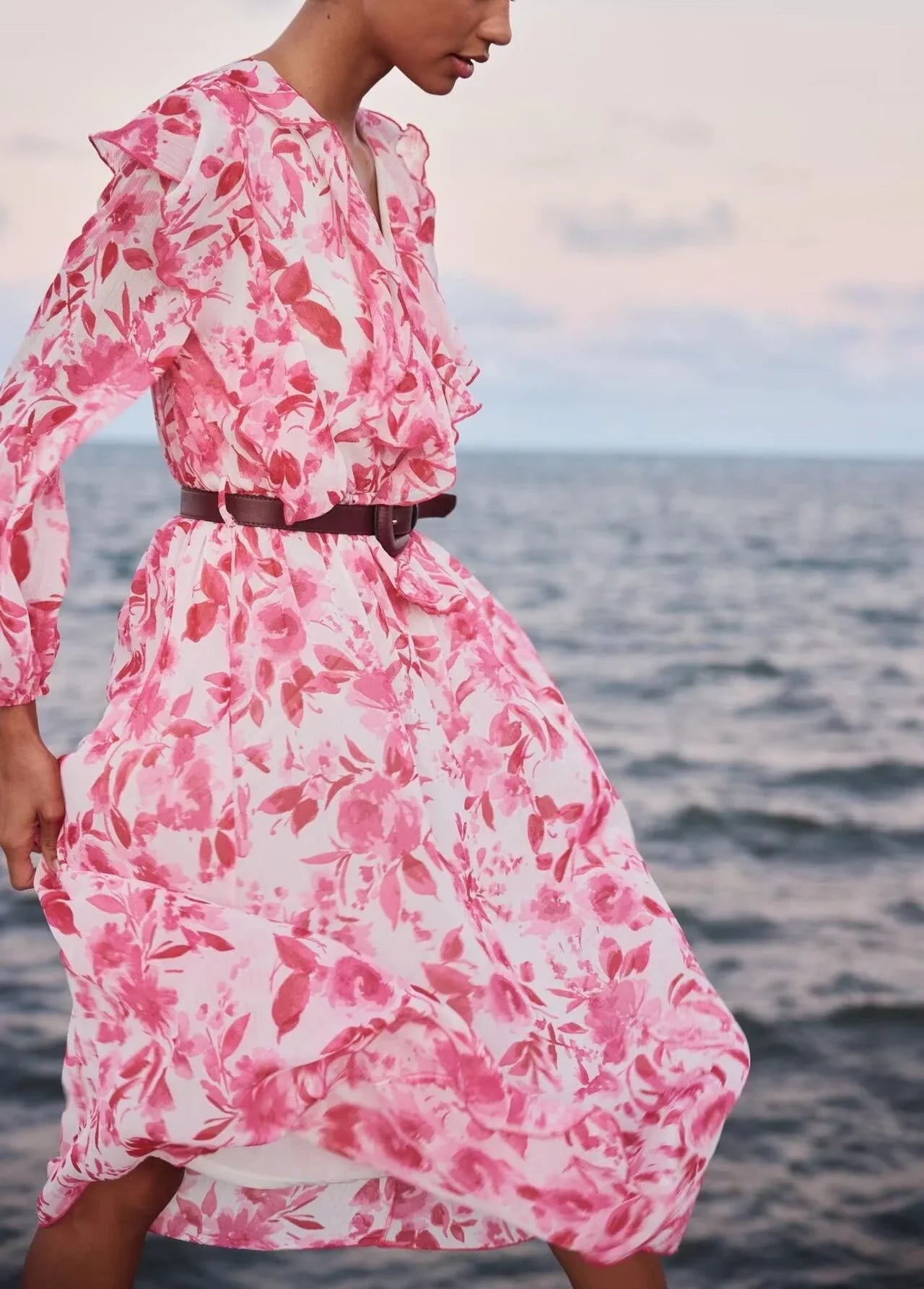 Casual V Neck Printed Belted Long Sleeve Dress For Women