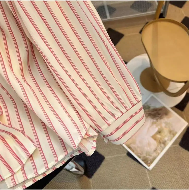 Chic Casual Fake Two Piece Long Sleeve Stripe Shirt for Women Stylish Matching Blouse Top