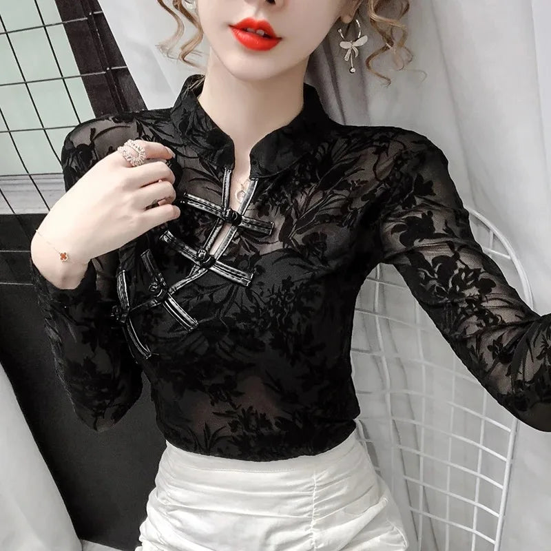 Elegant Mesh Lace Hollow Slim Fit Long Sleeve Shirt for Women Vintage-Inspired Sexy Bottoming Top