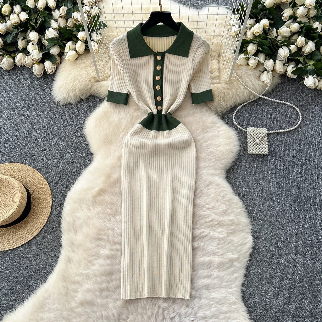 Patchwork Knitted Polo Collar Dress For Women Spring Summer