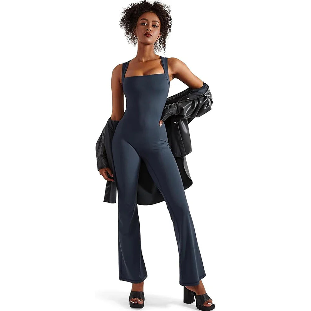 Women's Sleeveless Square Neck Bodysuit with Flared Pants Casual Fitness Jumpsuit Full Season Streetwear Playsuit