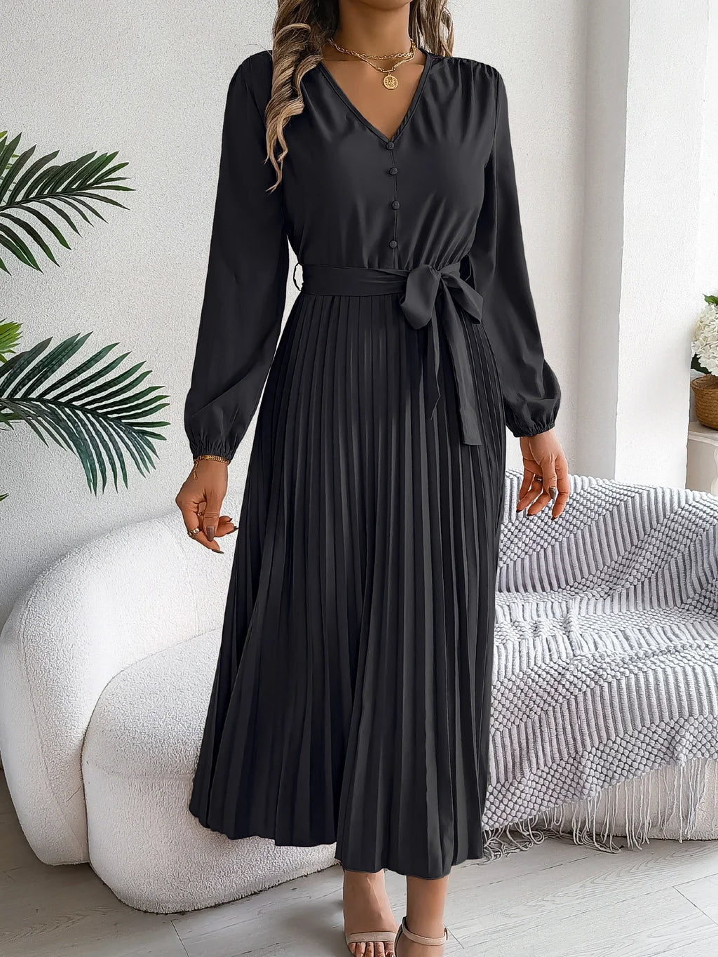 Elegant Autumn V Neck Belted Pleated Long Sleeve Dress