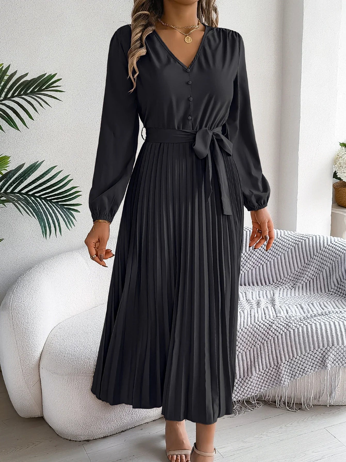 Elegant Autumn V Neck Belted Pleated Long Sleeve Dress