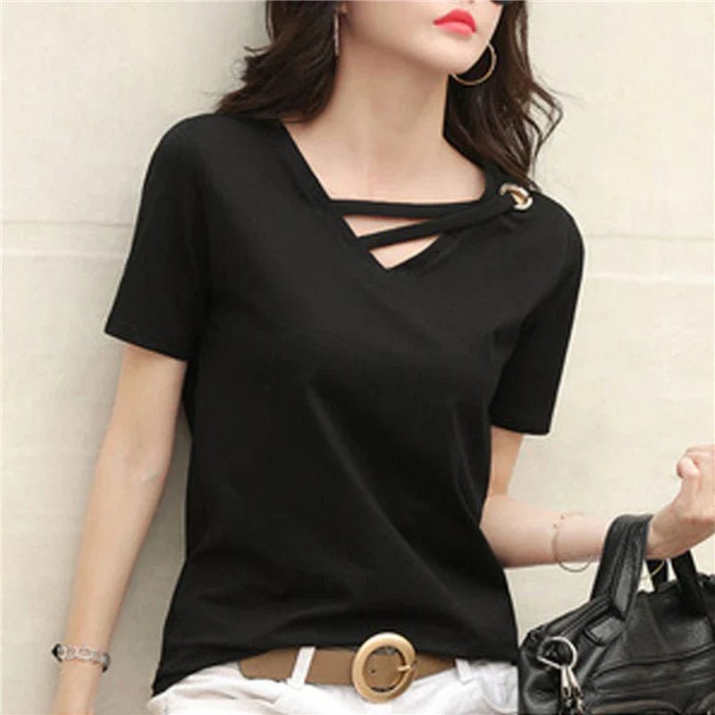 Casual Women V-Neck Loose White T-Shirt Summer Short Sleeve Polyester Top