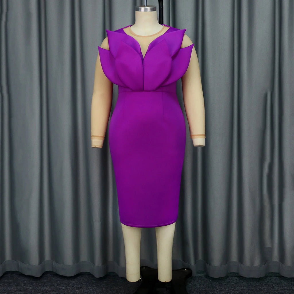 Purple Sheath Dress With O Neck Long Sleeves Calf Length