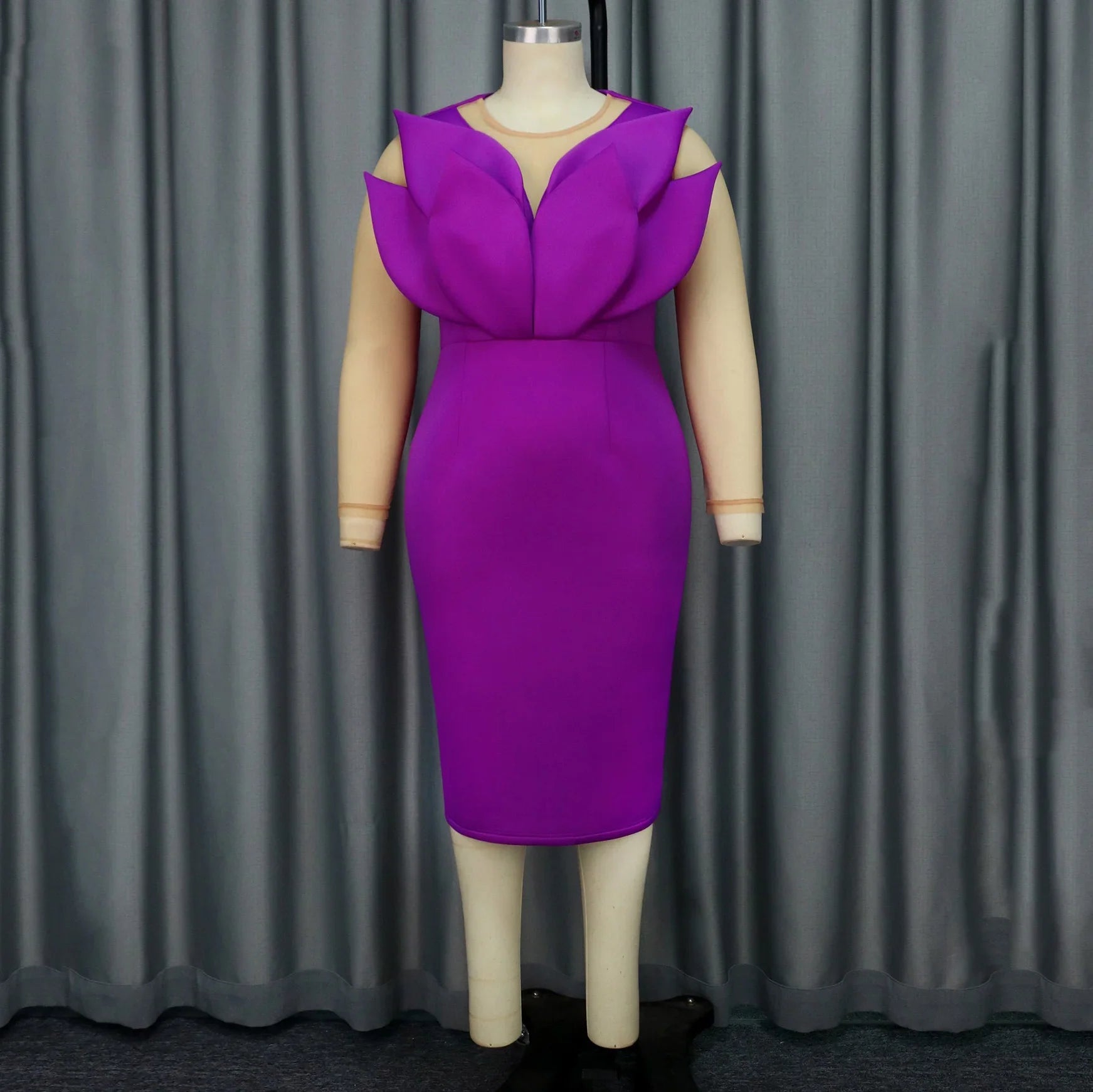 Purple Sheath Dress With O Neck Long Sleeves Calf Length