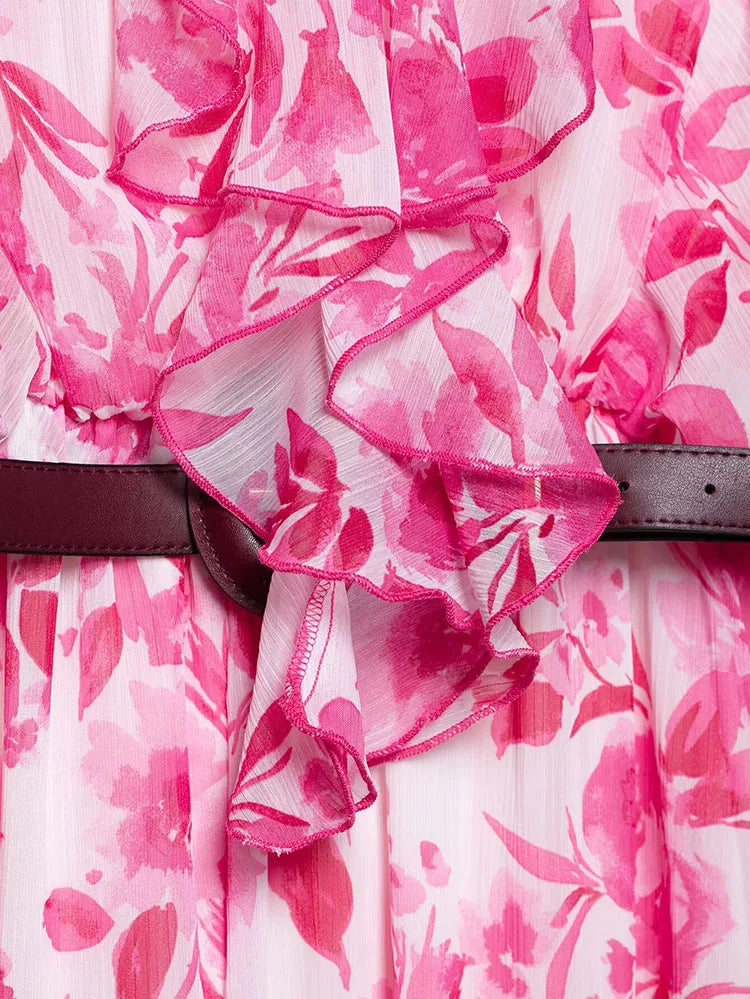 Printed Midi Dress With Belt for Women V Neck Chic