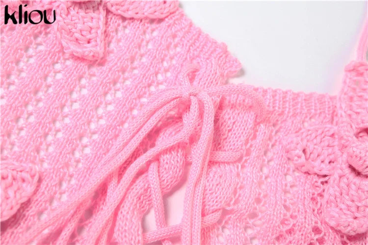 Knitted Floral Women Jumpsuit Sexy Pleated Halter Neck Bandage Low Back Skinny Overalls Trendy Solid Streetwear