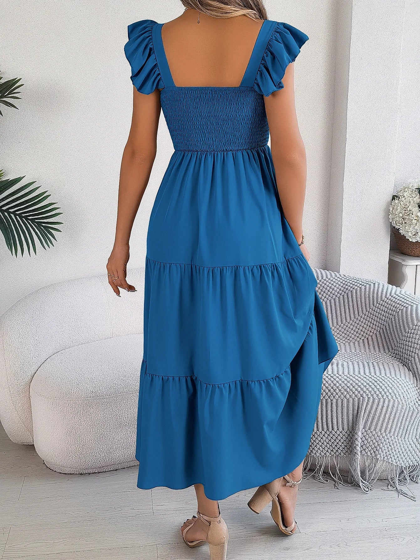 Square Neck Maxi Dress for Women Solid Summer Color