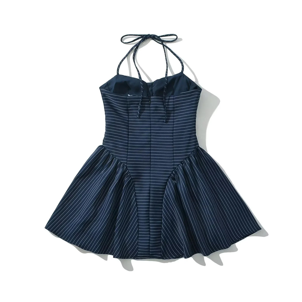 French Retro Halter Neck Striped Dress Slim Fit For Women