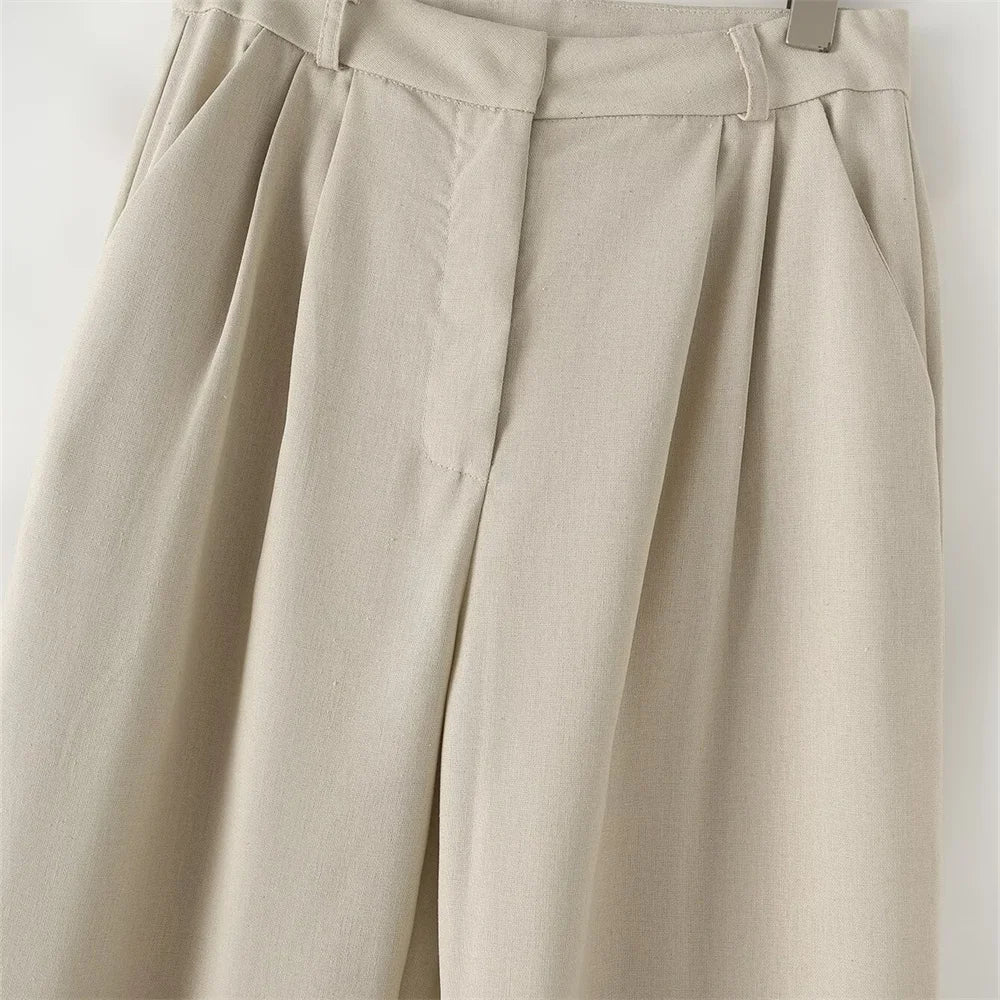 Versatile Slim Sleeveless Cotton Linen Vest and Mid-Waist Trousers Suit for Women's Commuting Style