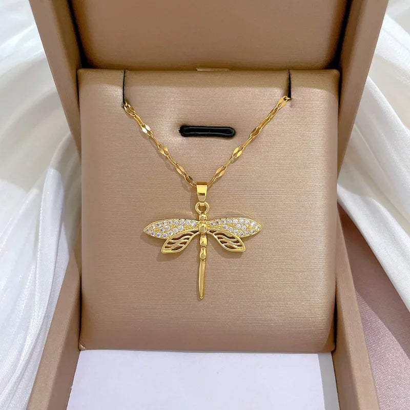 316L Stainless Steel Dragonfly Pendant Necklace for Women Fashion Jewelry Gifts