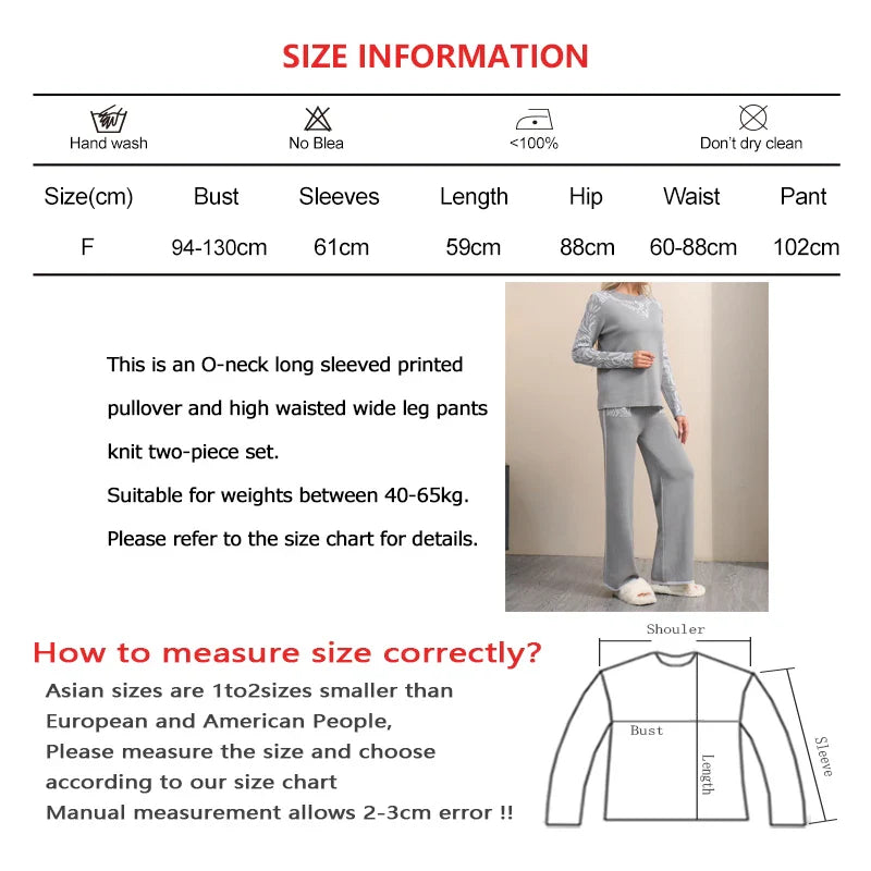 Women Casual Printed Two-Piece Knit Pullover and High Waist Wide Leg Pants Office Suit