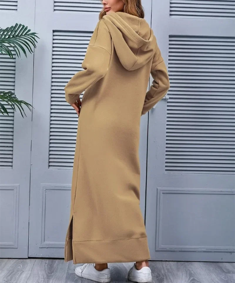 Cozy Knitted Hooded Long Dress With Large Pocket Women