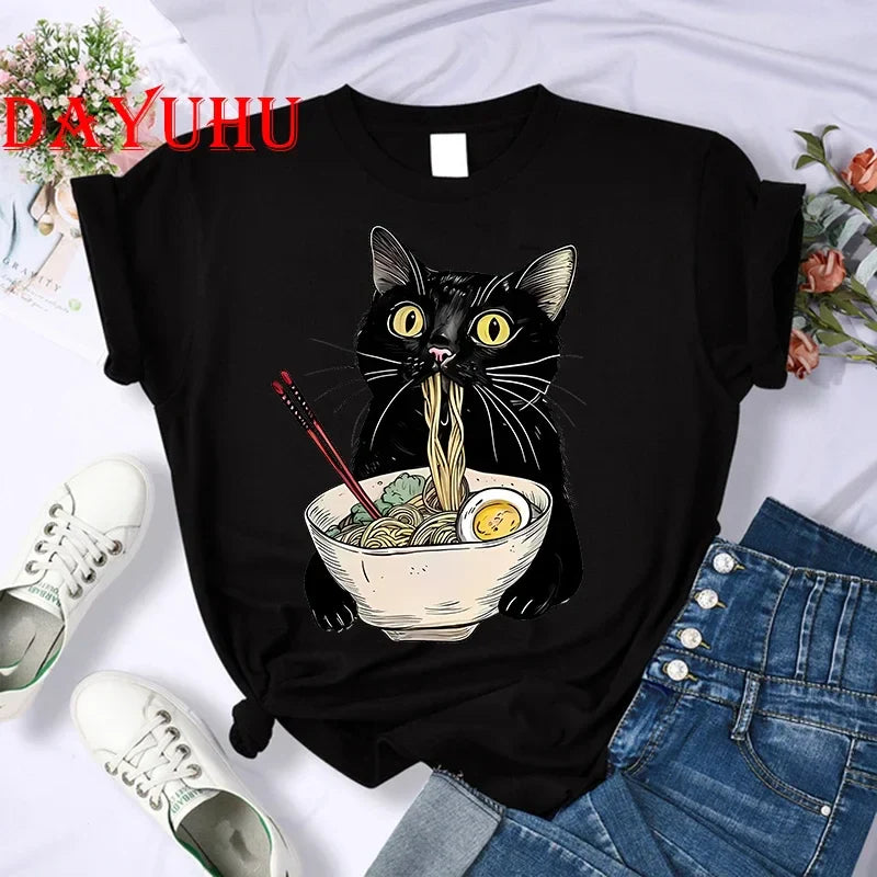 Women Cat Noodle Ramen T-Shirt for Foodie Lovers Casual Short Sleeve Tee