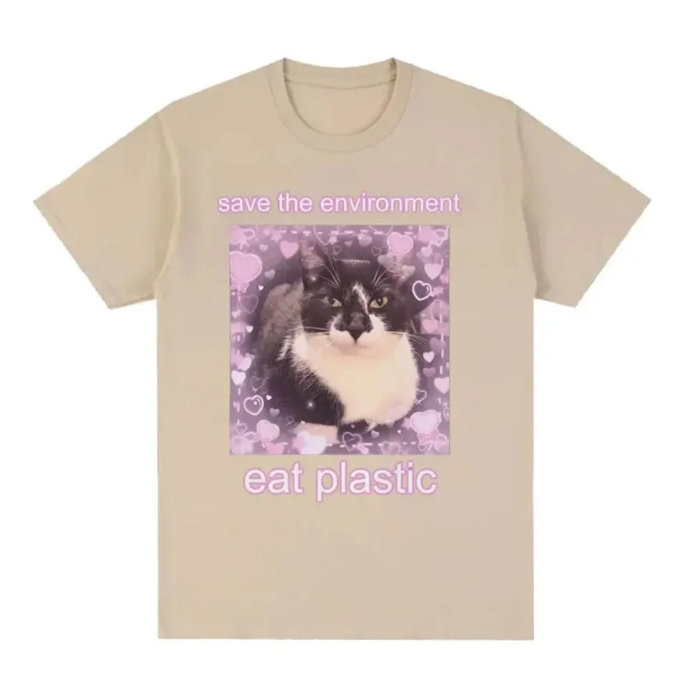Save The Environment Eat Plastic Cute Cat Graphic T Shirt 100 Percent Cotton Oversized Tee for Men and Women