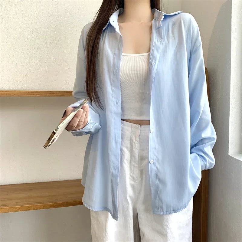 Silky Oversize Button Down Shirt for Women Long Sleeve Boyfriend Blouse Lightweight Summer Cover Up Casual Teen Girl Outfit