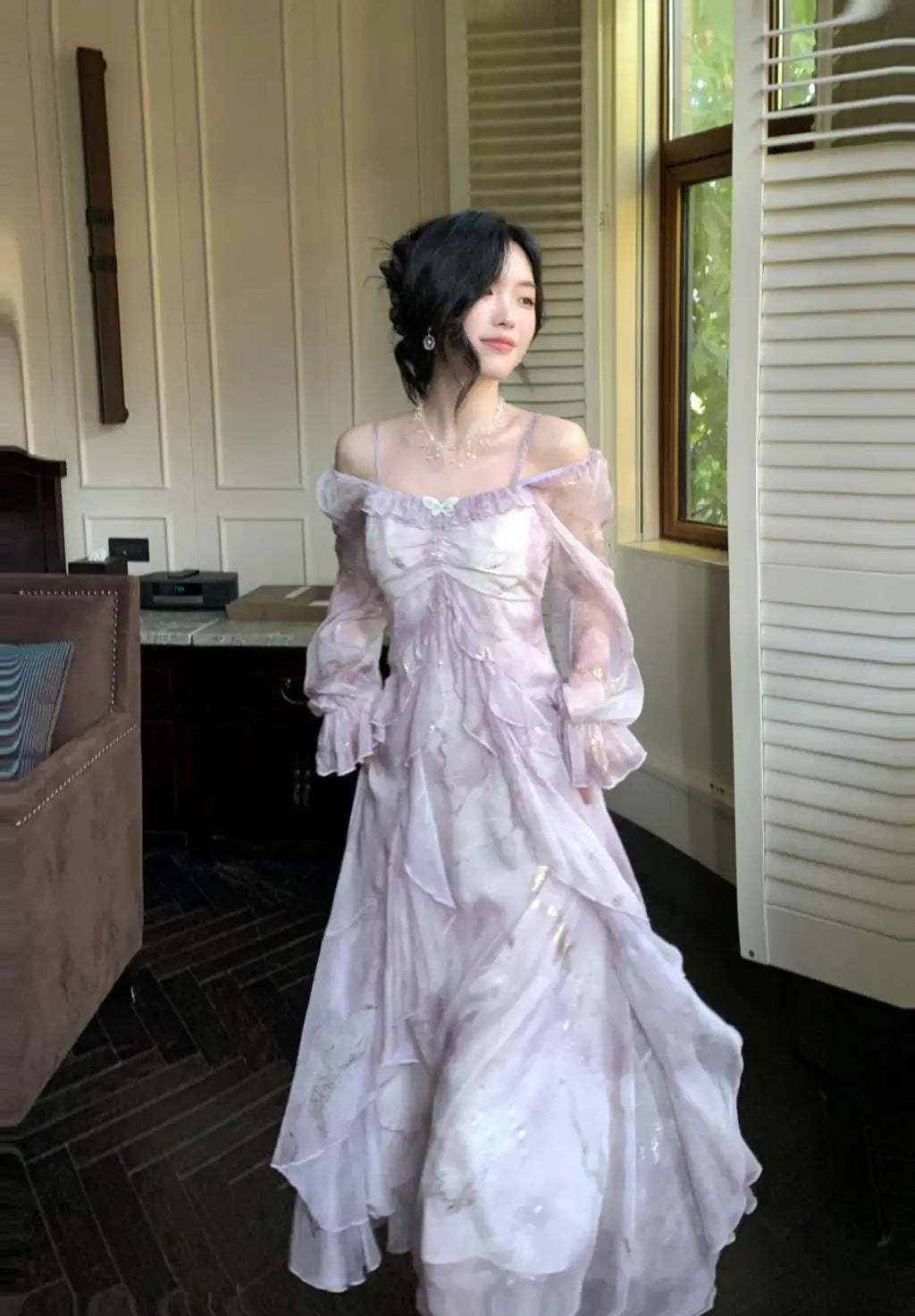 Off Shoulder Dress Ruffle A Line Long French Print