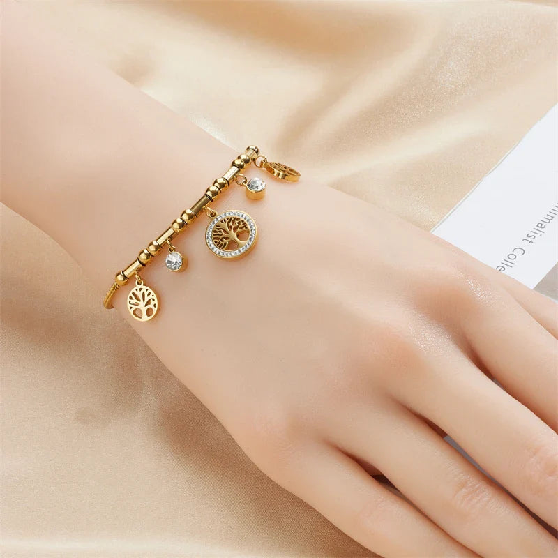 Golden Life Tree Stainless Steel Bracelet with White Zircon Pendant for Women Elegant Jewelry Gift
