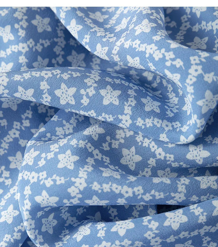 Silk Midi Dress For Women Blue Floral Ruffles V Neck