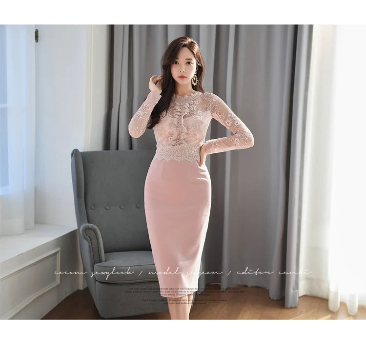 Korean Lace Bodycon Dress Women Office Sheath Pencil