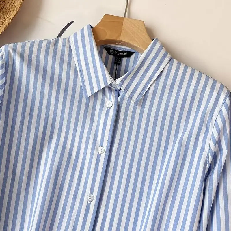 Women's Blue Pure Linen Striped Shirt Comfortable Casual Commuting Top Spring Autumn Lightweight Blouse