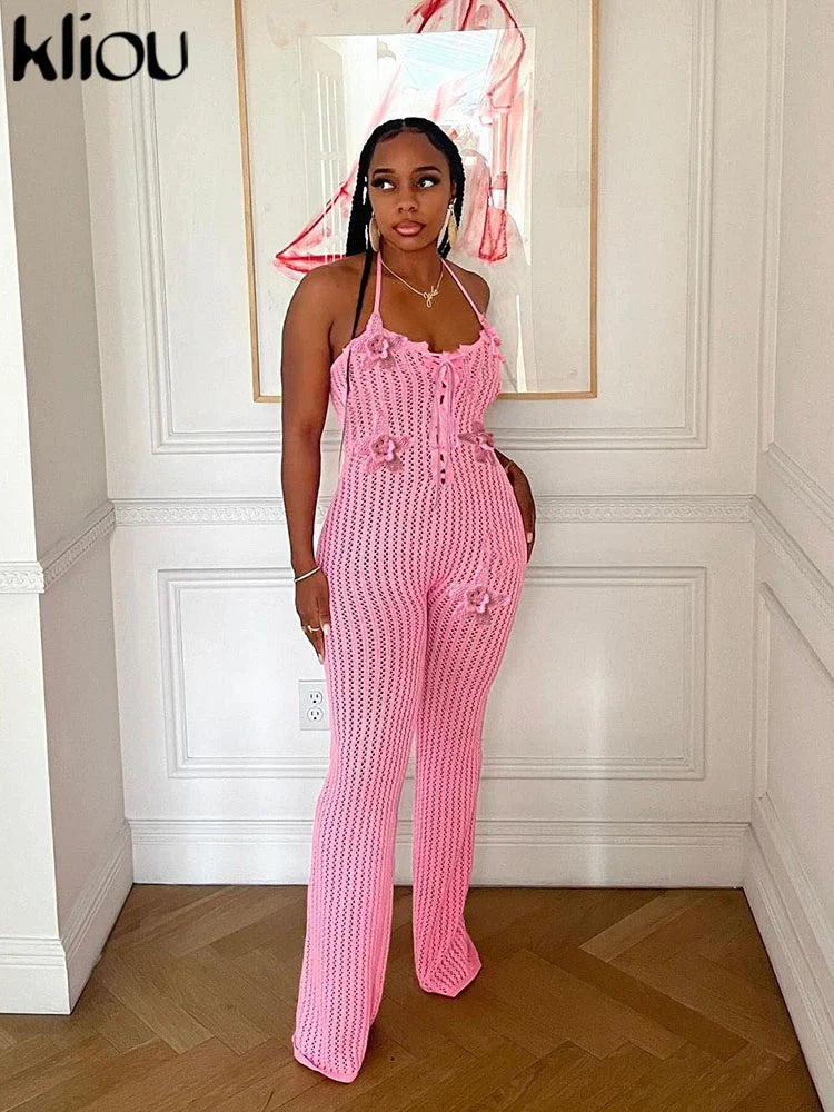 Knitted Floral Women Jumpsuit Sexy Pleated Halter Neck Bandage Low Back Skinny Overalls Trendy Solid Streetwear
