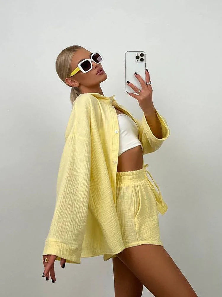 Colorful Plus Size Loose Fit Candy Color Two Piece Set with Blouse and Wide Leg Shorts for Summer and Spring