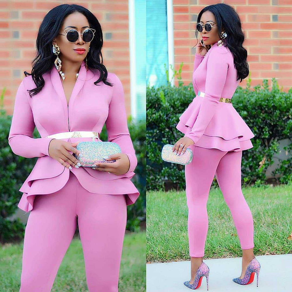 Women Winter Two Piece Tracksuit Set with Ruffled Blazer and Pencil Pants for Office Wear