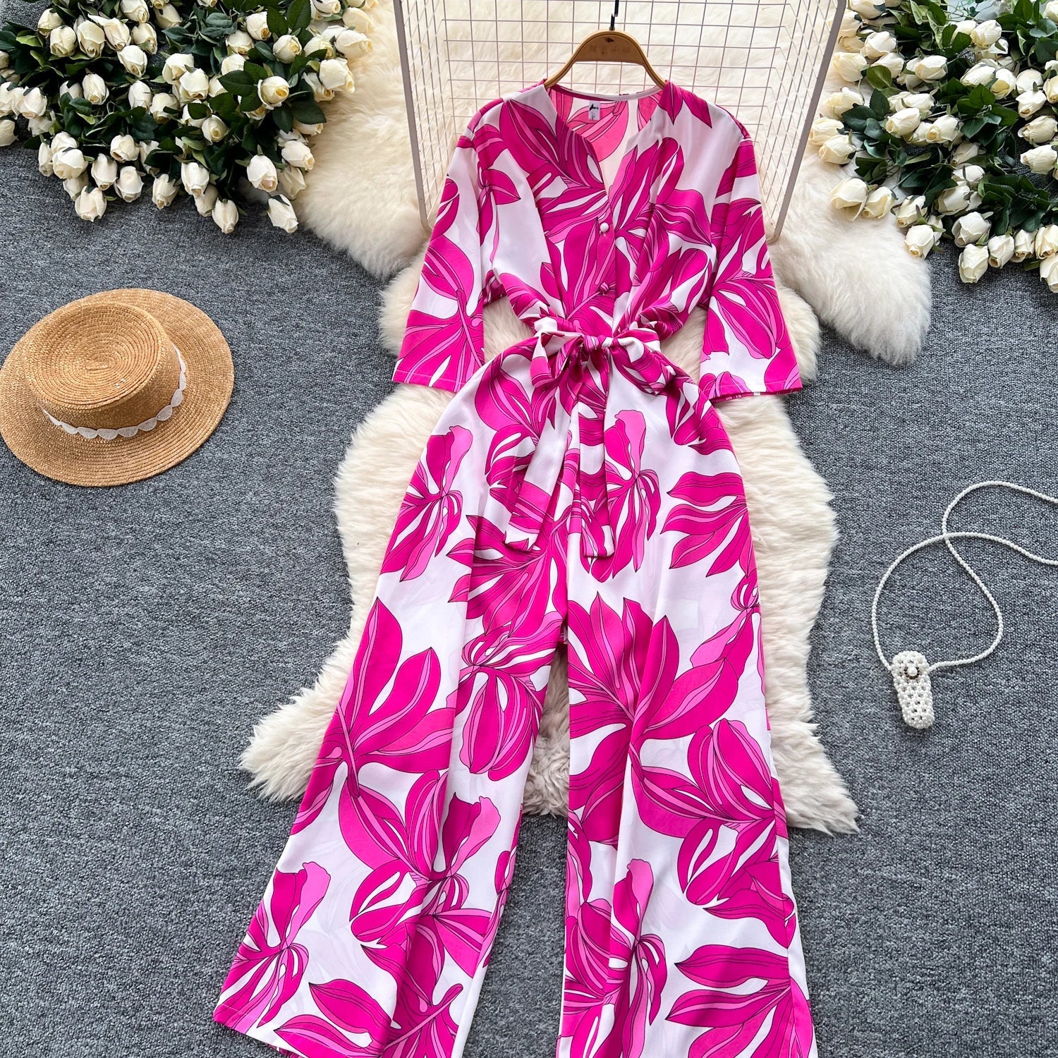 Women's Summer V-Neck Short Sleeve Lace-Up Waist Slim Fit Wide-Leg Printed Jumpsuit with Loose Straight Leg Design