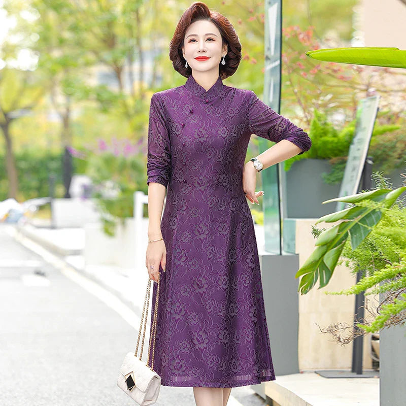 Elegant Lace Dress For Women With Qipao Collar A Line Long