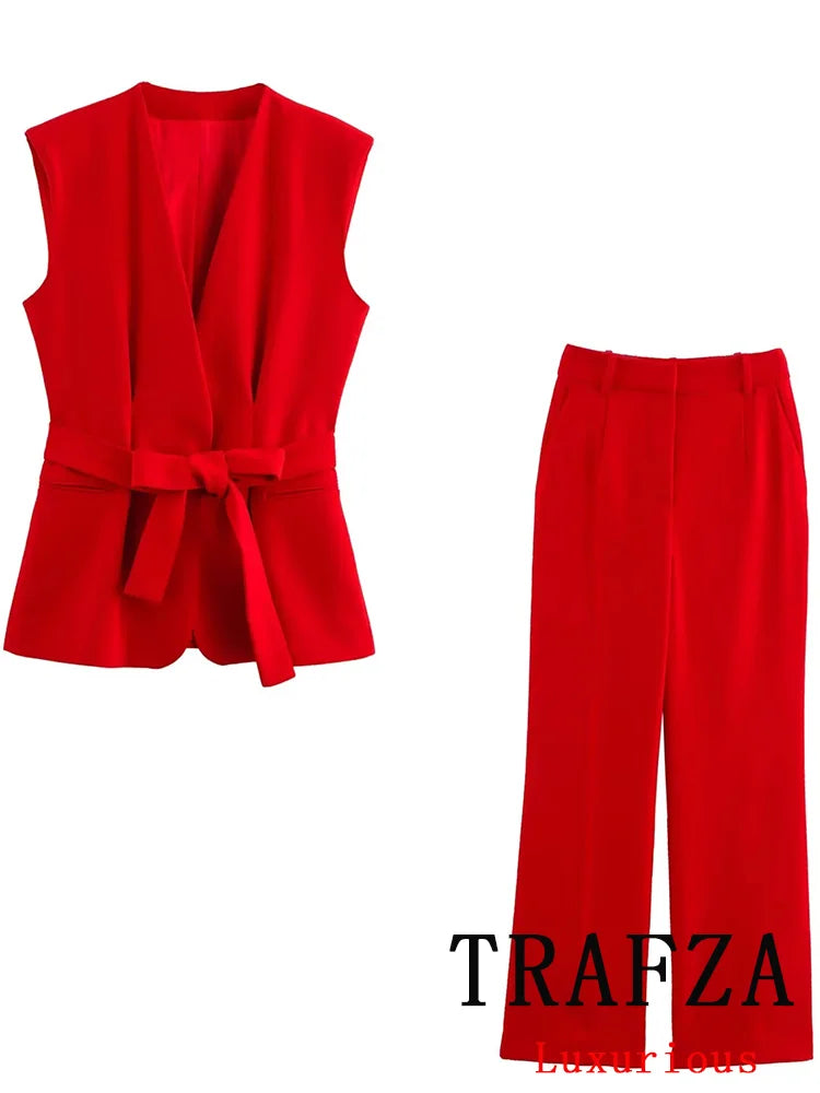 Red Vest Blazer Set For Office Lady With Wide Leg Pants