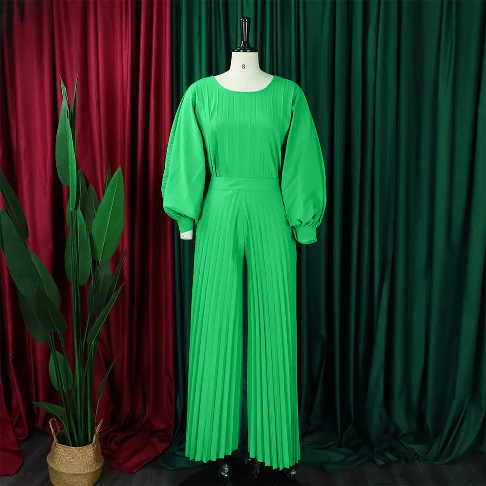 Elegant 2 Piece Women's Outfit with O Neck Blouse and High Waisted Wide Leg Pants Set