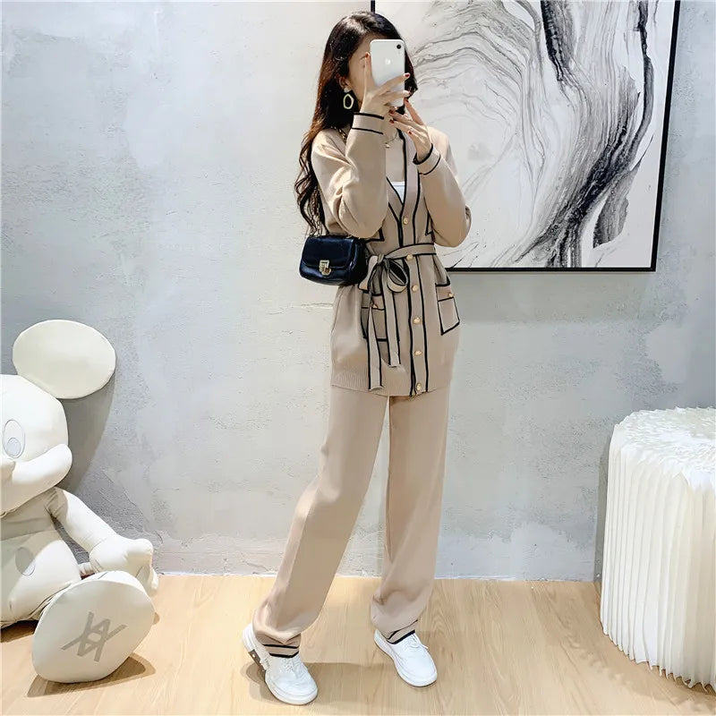 Autumn Elegant Two-Piece Trouser Suit for Women Long Sleeve Tailored Coat with Casual Wide Leg Trousers Office Lady Chic Set
