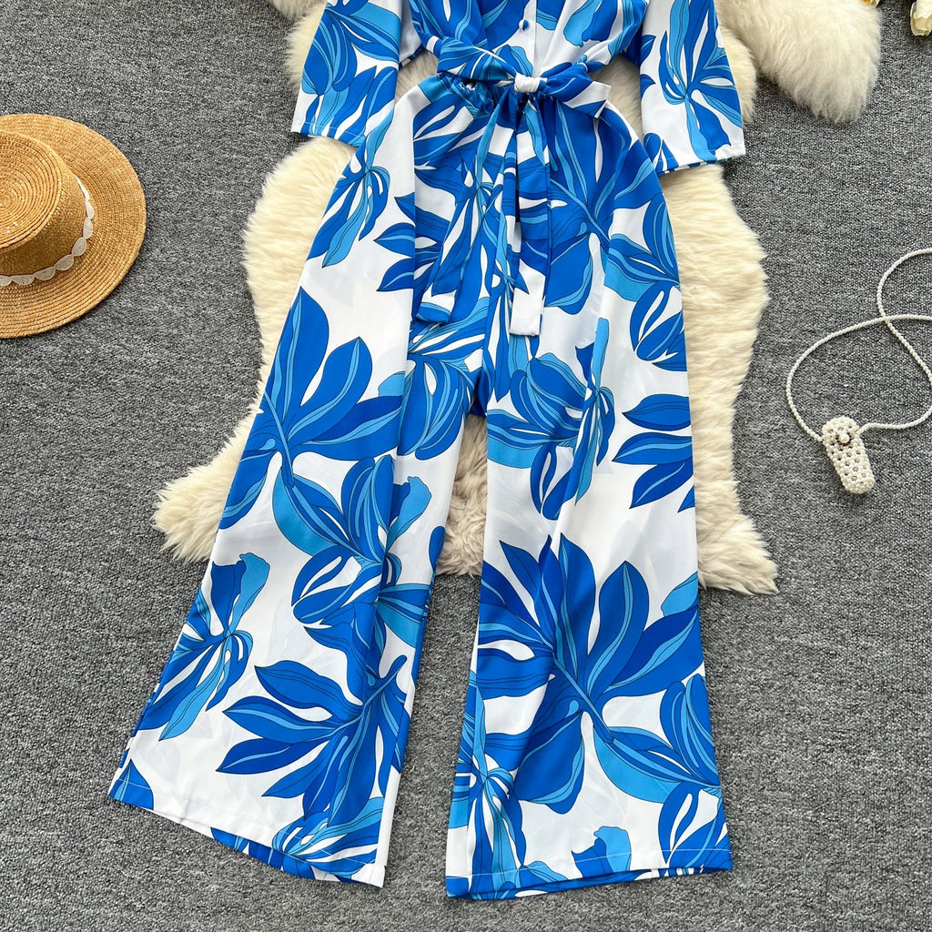 Women's Summer V-Neck Short Sleeve Lace-Up Waist Slim Fit Wide-Leg Printed Jumpsuit with Loose Straight Leg Design