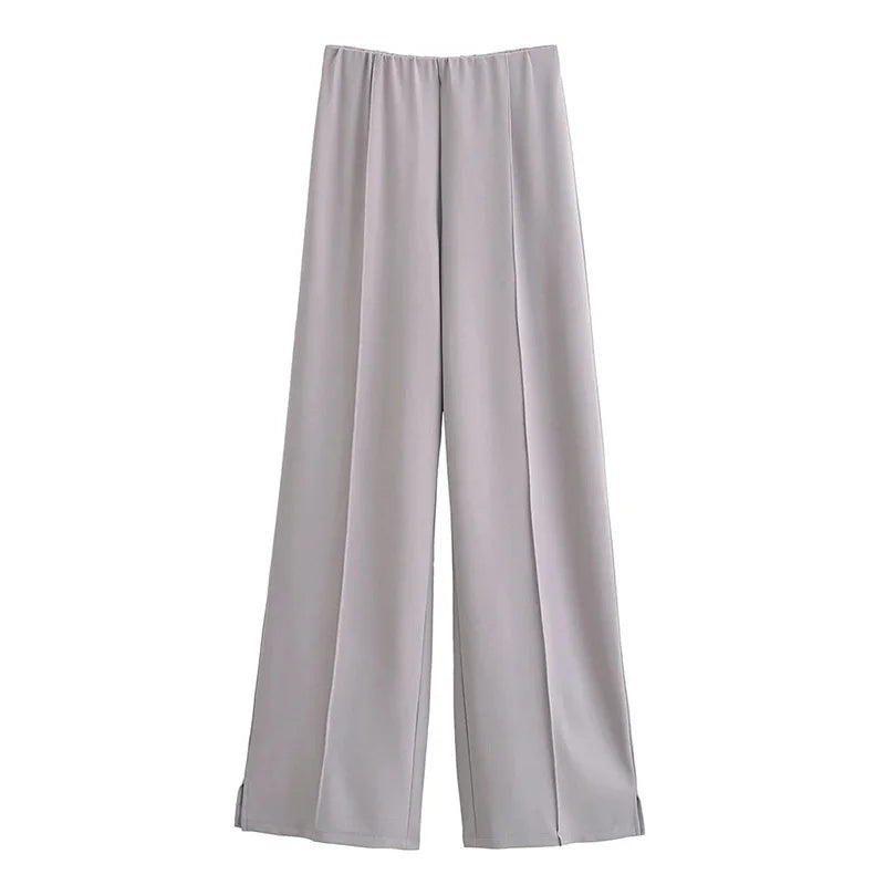 Women's Two Piece Crop Top and Wide Leg Trouser Set with Long Sleeve Round Neck Coat for Spring Streetwear