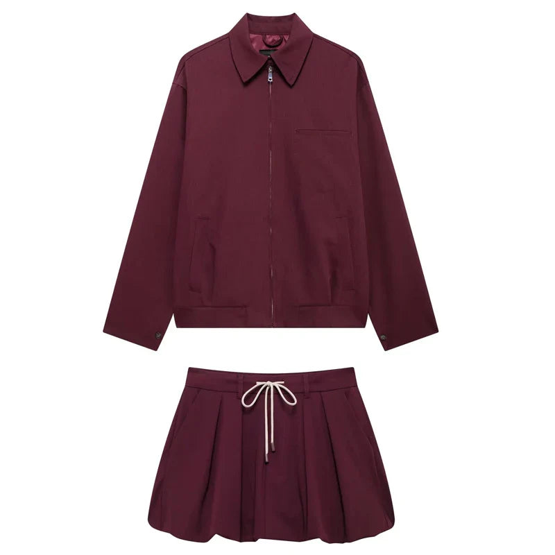Women's Burgundy Skirt and Long Sleeve Jacket Set Elegant Mini Bow Lantern Sleeve Suit Autumn Outfit Stylish Two-Piece Matching Set