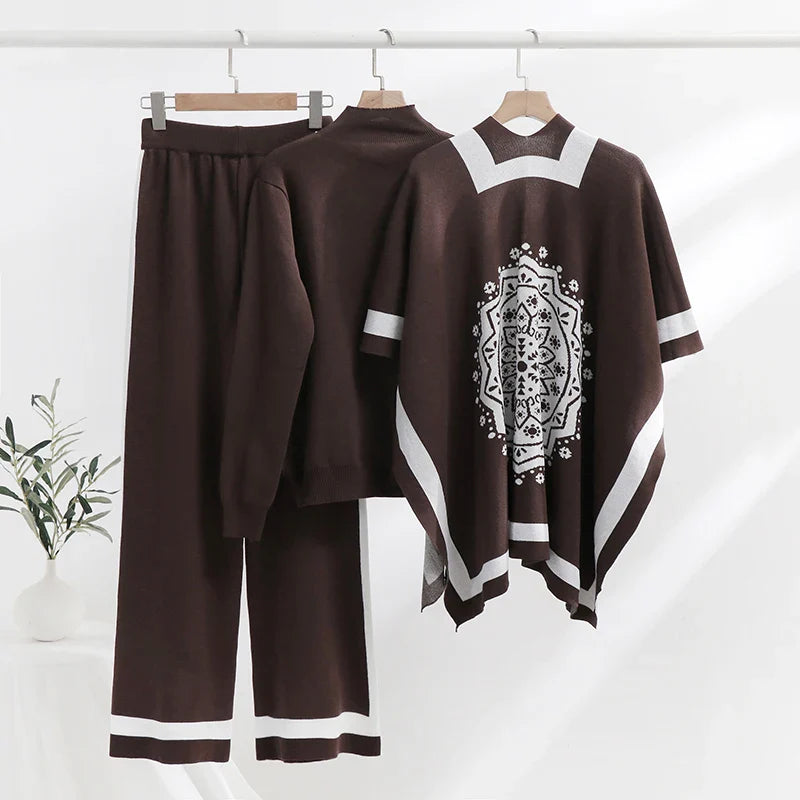 Elegant Floral Knitted Three-Piece Set for Women Featuring Knit Top and Wide Leg Pants for Autumn and Winter Casual Wear