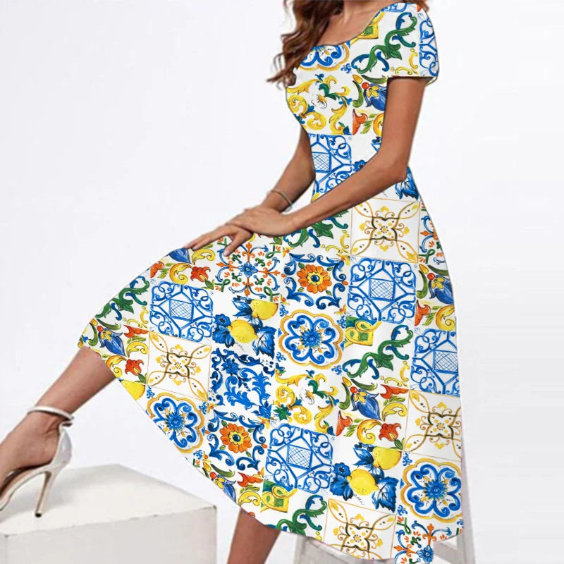 Plus Size Printed Round Neck Short Sleeve Maxi Dress