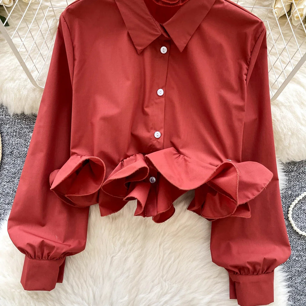 Women's 3D Floral Long Sleeve Blouse Single Breasted Turn-Down Collar Slim Fit Solid Color Shirt