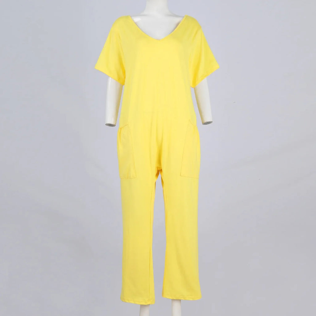 Women's Casual Short Sleeve Pullover Jumpsuit Loose Fit with Pockets Comfortable Lightweight Bodysuit Trendy Summer Romper