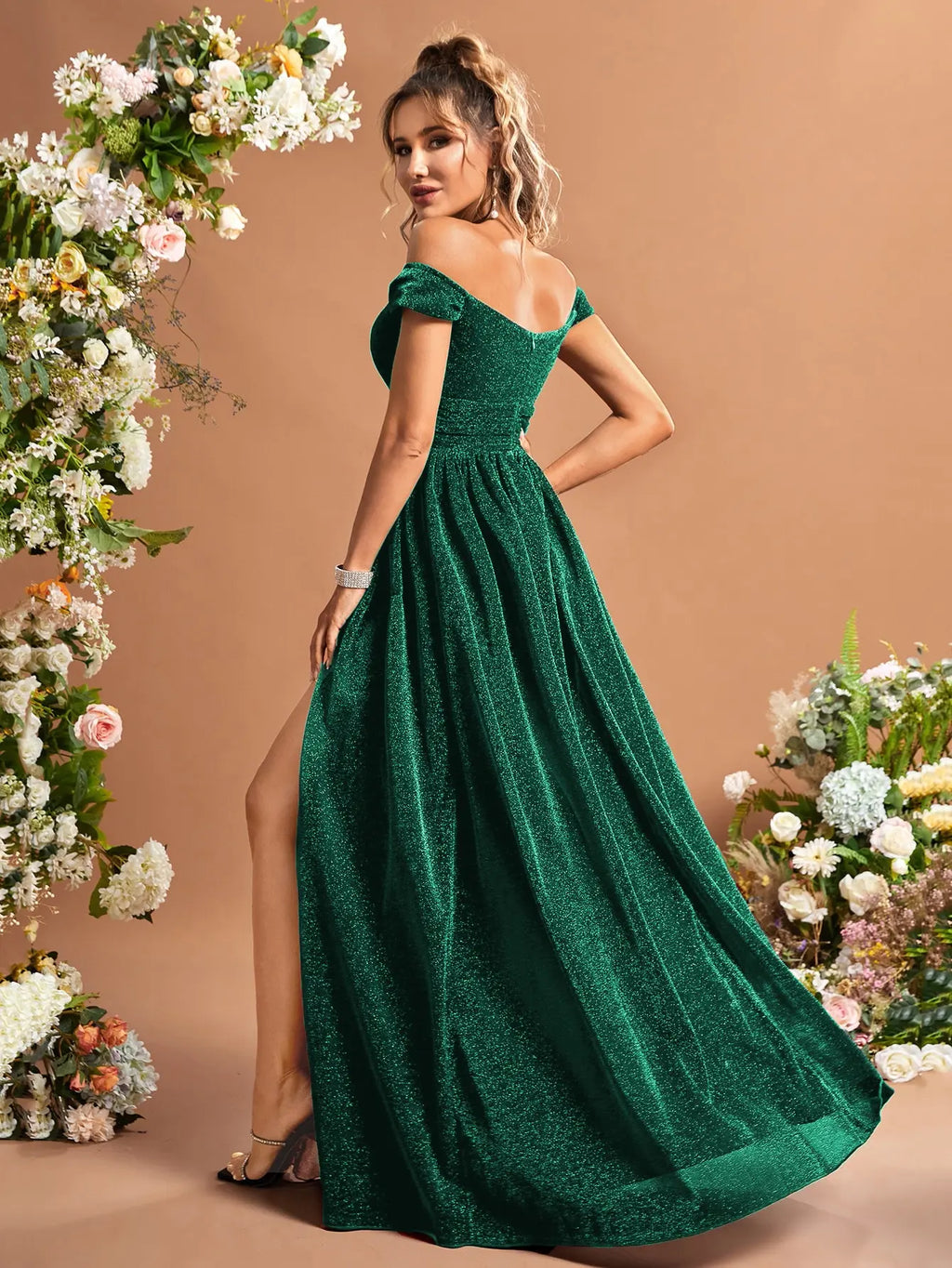 Green Off Shoulder Glitter Dress With Thigh Slit Sequins